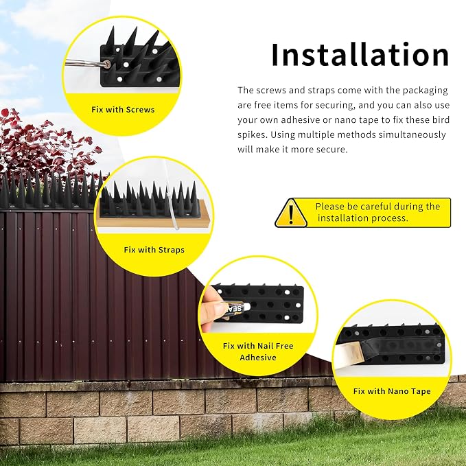 Bird Spikes, 13.2FT Outdoor Bird Deterrent Spikes Device for Birds Pigeon Woodpecker Squirrel Raccoon Cat, Plastic Bird Deterrent for Outside, Patio, Roof, Sill, Fascia (Black, 12Pcs)