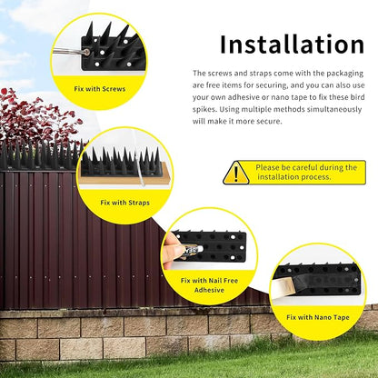 Bird Spikes, 13.2FT Outdoor Bird Deterrent Spikes Device for Birds Pigeon Woodpecker Squirrel Raccoon Cat, Plastic Bird Deterrent for Outside, Patio, Roof, Sill, Fascia (Black, 12Pcs)