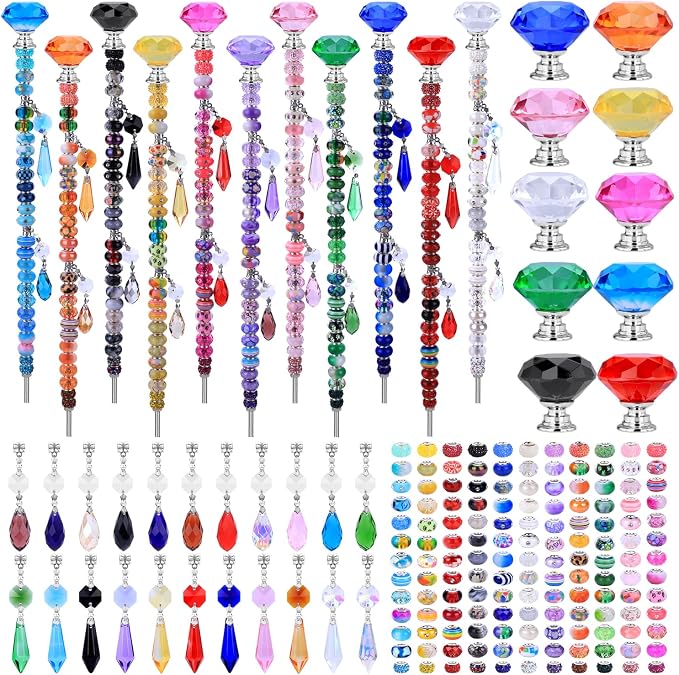 AIPRIDY DIY Crystal Beaded Fairy Wand Garden Stakes Kit, Colorful Decorative Wands with Assembly Guide, 12 or 10 Inch Threaded Rods,Outdoor Garden Decoration Set (423, Rainbow+Diamond Top)