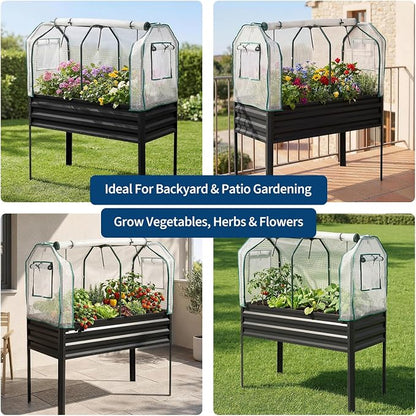 48×24×56in Galvanized Elevated Raised Garden Bed with Legs, Greenhouse Cover & Bird Net, Deep Metal Raised Planter Box for Backyard Patio Balcony Vegetables Herbs Flowers