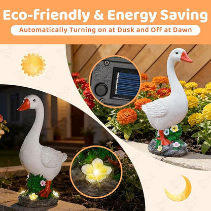 Large Porch Goose Statue with Solar Garden Light,20 Inch Realistic Hand-Painted Goose Sculpture, All-Weather Resin Outdoor Decor for Garden, Yard, Patio, Fits Standard Goose Porch Duck Outfits,White
