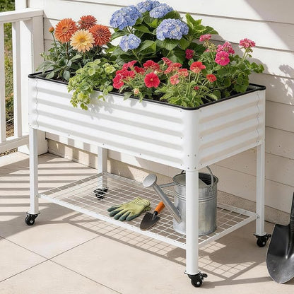 Elevated Raised Garden Bed with Legs and Wheels- 48''x24''x32'' Galvanized Metal Standing Planter Boxes Outdoor with Bottom Storage Shelf for Backyard, Patio, Balcony, Vegetables, Flowers, White