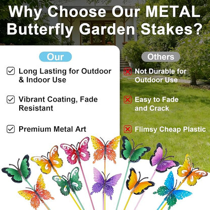 hogardeck Garden Decor for Outside, Set of 20 Metal Butterfly Decorative Garden Stakes for Spring Decor, Yard Art Garden Decorations for Outdoor Lawn Pathway Patio