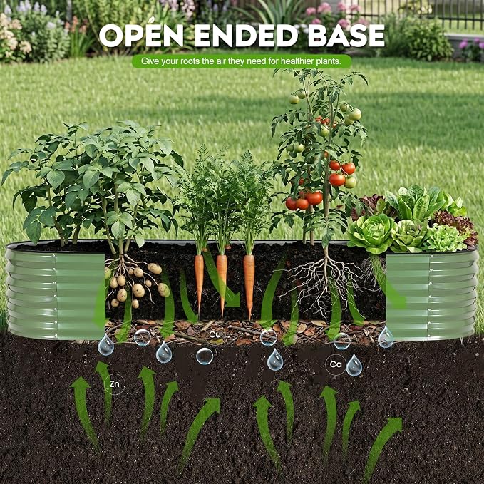2 Pack Galvanized Raised Garden Bed 8x2 ft, 17" Tall Oval Metal Planter for Outdoors, 9 in 1 Modular Large Garden Bed Kits for Outdoor Vegetable Flowers - Olive Green