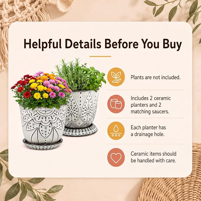 Gepege 6 Inch Beaded Ceramic Planter Set of 2 with Drainage Hole and Saucer for Plants, Indoor-Outdoor Large Round Succulent Orchid Flower Pot (Smoked Gray, Inner-pots not Larger Than 5 Inch)