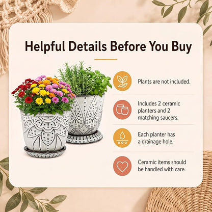 Gepege 6 Inch Beaded Ceramic Planter Set of 2 with Drainage Hole and Saucer for Plants, Indoor-Outdoor Large Round Succulent Orchid Flower Pot (Smoked Gray, Inner-pots not Larger Than 5 Inch)