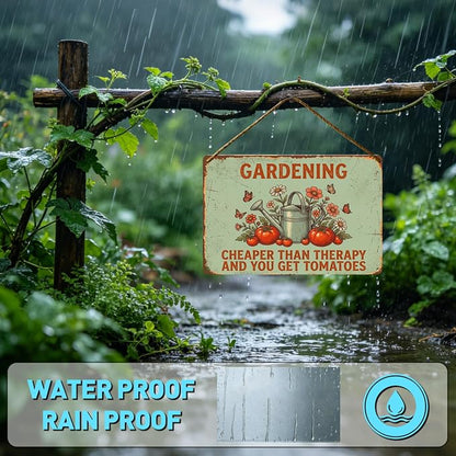 Funny Garden Metal Signs, Vintage Outdoor Wall Decor 12x8 Inch | Gardening Cheaper Than Therapy, Weatherproof Aluminum Sign for Patio Yard Greenhouse, Gift For Gardeners