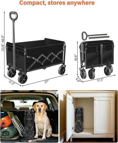 Folding Wagon Cart with All-Terrain Wheels – Heavy Duty Collapsible Utility Wagon for Grocery, Sports, Garden, Camping, Shopping (Black 360LBS)