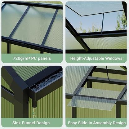 6x8 FT Greenhouse, Outdoor Sliding Door, Polycarbonate Greenhouse with Aluminum Frame, Lockable Door and Ajustable Roof Vent for Backyard, Outside Garden Backyard, Patio, Black