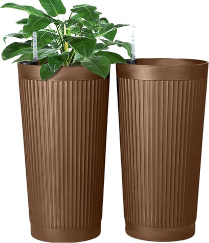 FENCY Self Watering Tall Planters Set of 2, Brown Round | 24 Inch, with Water Level Indicator& Spacious Reservoir, Plastic Tapered Pots, Weather-Resistant, Front Door Decor