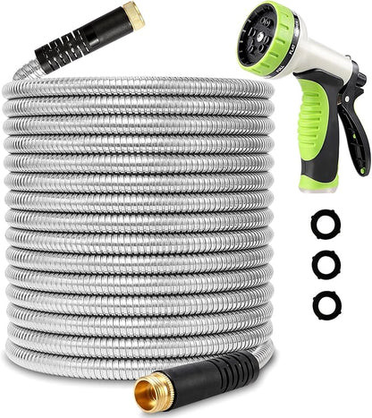 Flexible Metal Garden Hose 25ft-Heavy Duty Water Hose with Durable 304 Stainless Steel and 10 Way Spray Nozzle-Strong 3/4'' Solid Brass Fitting-Outdoor Yard No Kink Lightweight Short Hose Pipe