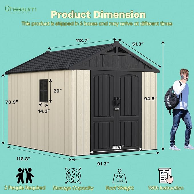 Greesum 8x10FT Plastic Outdoor Storage Shed with Floor, Resin Sheds with Window and Lockable Door, Easy Assembly, HDPE Kick-it Shed for Garden, Lawn, Backyard, Beige