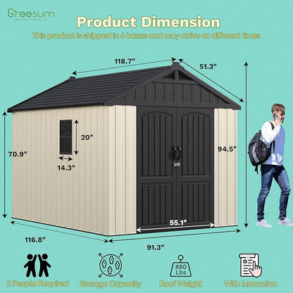Greesum 8x10FT Plastic Outdoor Storage Shed with Floor, Resin Sheds with Window and Lockable Door, Easy Assembly, HDPE Kick-it Shed for Garden, Lawn, Backyard, Beige