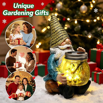 VOOKRY Solar Garden Gnome Statues, Outdoor Gnome with Firefly Solar Lights Waterproof, Birthday Gifts for Mom Women Mother's Day Christmas, Garden Figurines for Yard Decor Patio Porch Lawn Ornaments