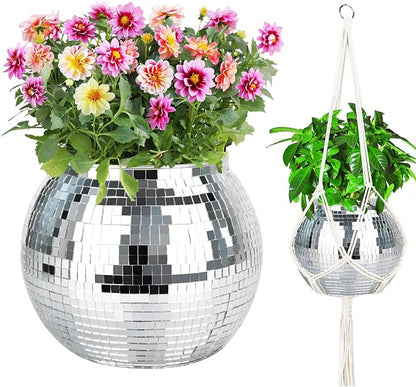 9” Silver Disco Ball Planter with Hanging Rope, Hanging Chain, Hook, Circle | for Decoration