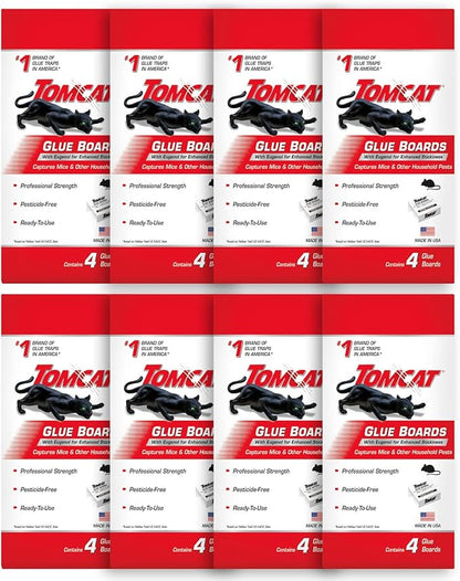 Tomcat Glue Boards with Immediate Grip Glue for Mice, Cockroaches, and Insects, Ready-to-Use, 8-Pack (32 Glue Boards)