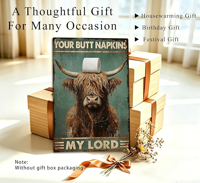 Funny Highland Cow Metal Sign, Vintage Bathroom Humor Wall Decor, Your Butt Napkins My Lord Retro Plaque for Toilet Restroom Farmhouse Home Decor 8x12 Inch