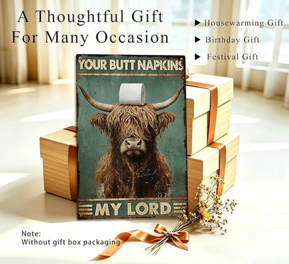 Funny Highland Cow Metal Sign, Vintage Bathroom Humor Wall Decor, Your Butt Napkins My Lord Retro Plaque for Toilet Restroom Farmhouse Home Decor 8x12 Inch