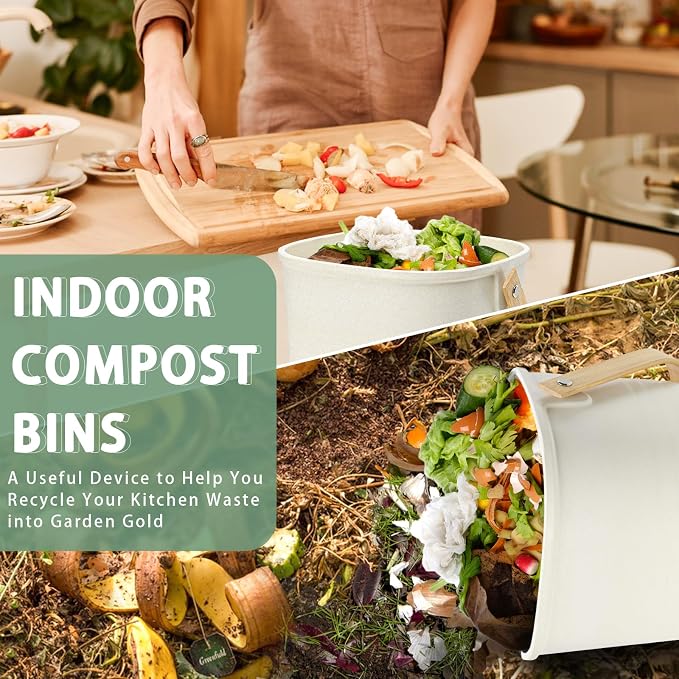 MUMTOP Bamboo Fiber Compost Bin Kitchen Countertop Compost Bin with lid – Small Compost Bin Made of Sustainable Bamboo Fiber Includes Charcoal Filter