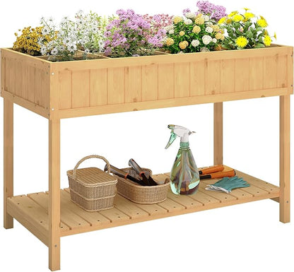 Outsunny 43x18x30in Raised Garden Bed with 8 Pockets and Shelf, Wooden Elevated Planter Box with Legs to Grow Herbs, Vegetables, and Flowers, Natural
