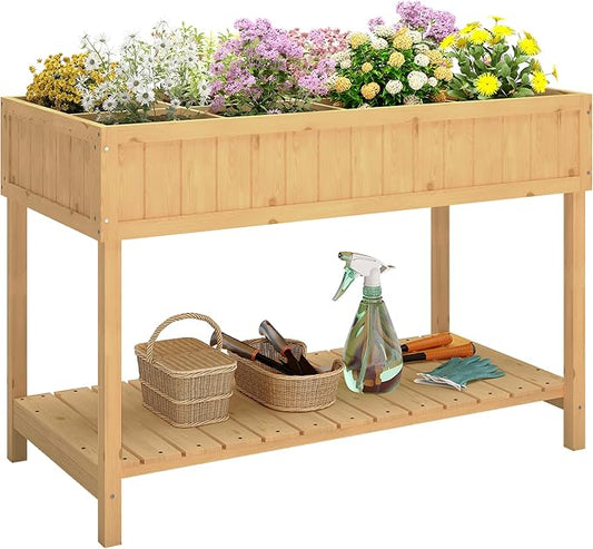 Outsunny 43x18x30in Raised Garden Bed with 8 Pockets and Shelf, Wooden Elevated Planter Box with Legs to Grow Herbs, Vegetables, and Flowers, Natural