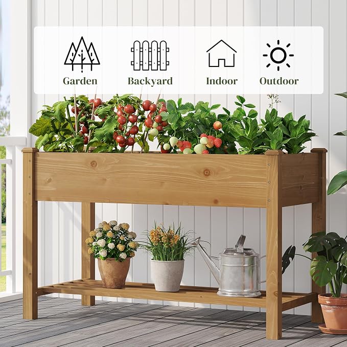 PL 48x24x30.5IN Raised Garden Bed with Legs Elevated Wooden Planter Box Stand Large Planter Stand Box for Fruits Vegetables Flowers Herbs w/Divider Liner (Brown-M)