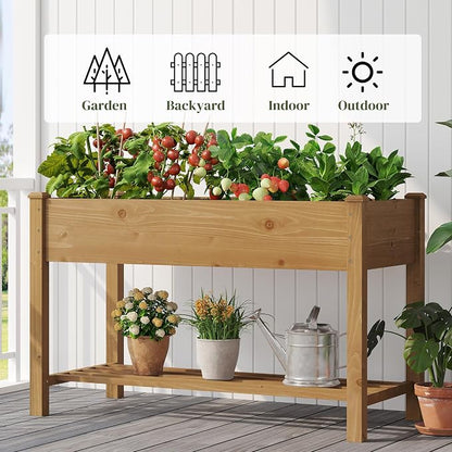 PL 48x24x30.5IN Raised Garden Bed with Legs Elevated Wooden Planter Box Stand Large Planter Stand Box for Fruits Vegetables Flowers Herbs w/Divider Liner (Brown-M)