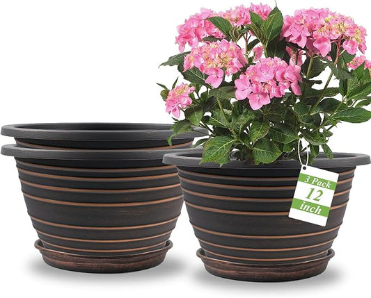 KPUVX 12 Inch Plastic Flower Pot for Indoor and Outdoor Plants, 3 Pack Large Planters with Drainage Holes & Saucers, Retro Antique Imitation Decorative Garden Pots