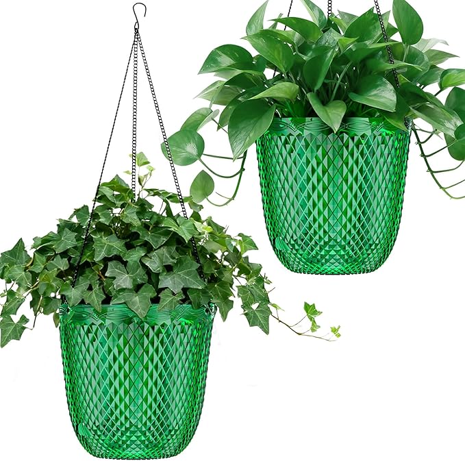 QCQHDU Hanging Planters for Indoor Plants, 2-Pack, 7.2 Inch, Emerald | Plastic, Self Watering Plant Hanger, with Drainage Holes, 3 Hooks Chains, For Garden Home