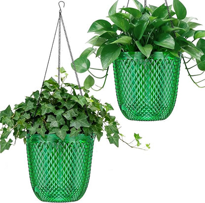 QCQHDU Hanging Planters for Indoor Plants, 2-Pack, 7.2 Inch, Emerald | Plastic, Self Watering Plant Hanger, with Drainage Holes, 3 Hooks Chains, For Garden Home