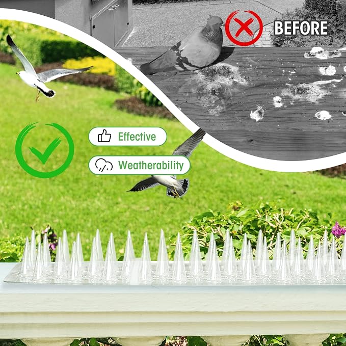 Zipcase 49.5 ft Clear Transparent PVC Bird Spikes-Advanced Dual-Length Spikes for Narrow Landing Gaps and Precision Deterrence,Effectively Guarding Against Birds,Pigeons,Cats,Squirrels, 36-Pack