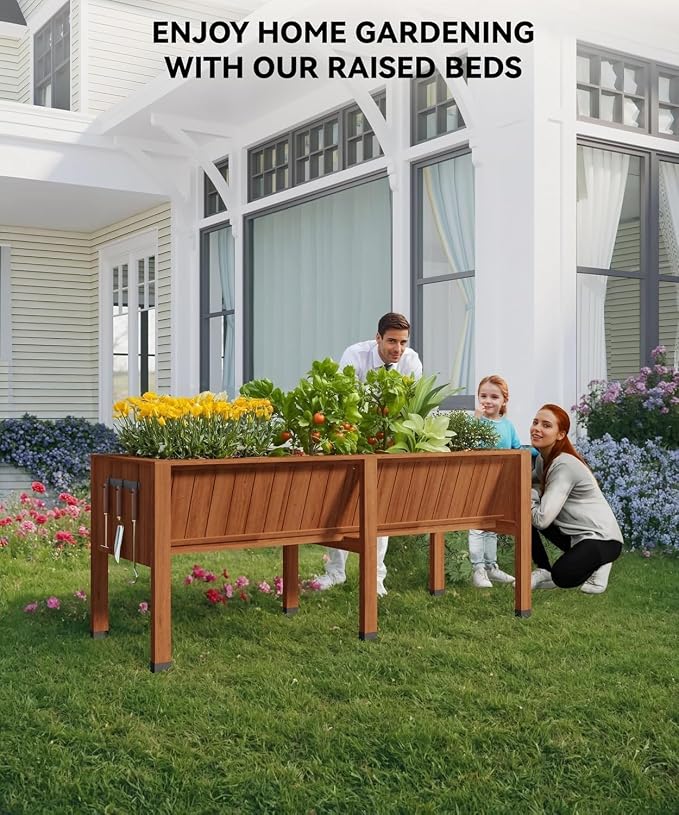 KYBOLT 72x26x31 Inch Raised Garden Bed with Legs, 13.7In Depth Wooden Planter Box for Outdoor Growing Vegetables and Herbs, Elevated Garden Bed with Hooks for Backyard, Patio, Balcony