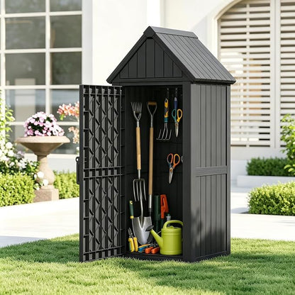 Bifanuo Deck Box Storage Shed Outdoor Storage Cabinet, Vertical Waterproof Resin Material Plastic Shed with Removable Shelves, 12 Hooks and Lock Ring for Garden, Pool and Patio (Black)