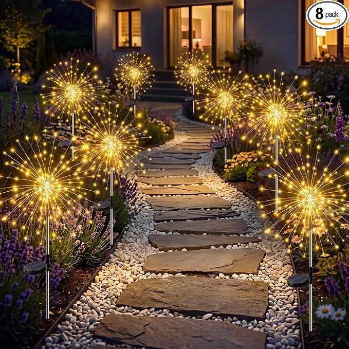 btfarm 8 Pack Solar Garden Lights, Firework Lights Solar Powered-Warm White | 120LED 8 Mode Waterproof Twinkle Fairy Light Outdoor Outside for Yard Pathway Lawn Pool Patio Christmas Decorative