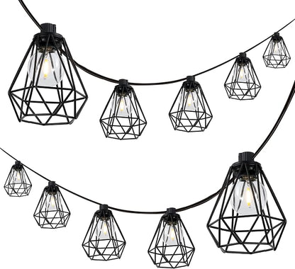 JONATHAN Y 10' Black LED String Lights, 10-Light Indoor/Outdoor Set for Patio Deck, Modern Iron Diamond Cage Shade, Weather-Resistant, Connectable, UL Listed JYL8705A
