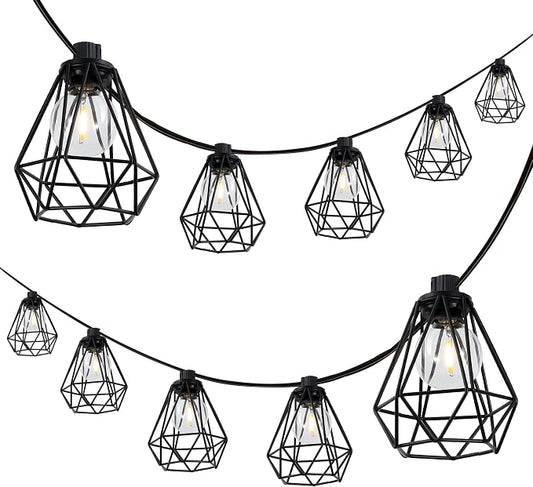 JONATHAN Y 10' Black LED String Lights, 10-Light Indoor/Outdoor Set for Patio Deck, Modern Iron Diamond Cage Shade, Weather-Resistant, Connectable, UL Listed JYL8705A