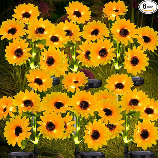6-Pack Solar Sunflower Garden Decor, 36 LED Flower Stake Lights - Waterproof Long-Lasting Outdoor Solar Patio Decor for Lawn, Yard & Pathway