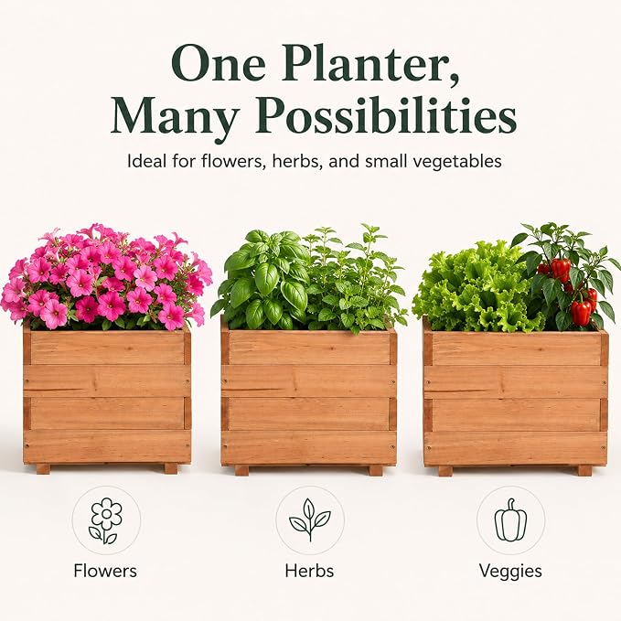 15.75" Square Wooden Planter Box, Fir Wood Planters for Outdoor Plants | 12.6" H Outdoor Planter with 2 Drainage Holes, Mortise & Tenon Corners