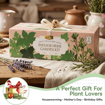 Indoor Herb Garden Starter Kit, Unique Gifts 5 Herb Garden Planter Indoor Kit with Wooden Box Including Basil, Cilantro, Thyme, Parsley, Mint, Fresh Herb Garden, Gardening Gifts for Women