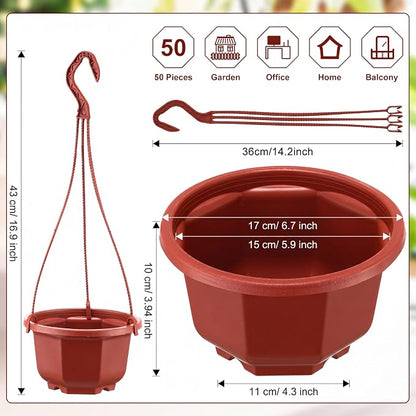 Roshtia 50 Pcs 6.7 Inch Plastic Hanging Plant Pots with Hooks Flower Pots Baskets Outdoor Hanging Nursery Planter Holder for Home Garden Balcony Porch(Brown)