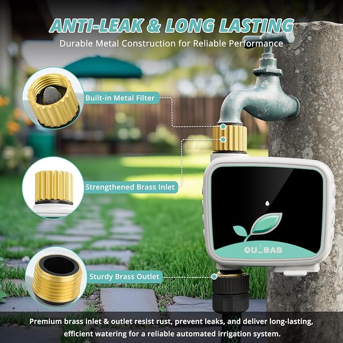 QUOBAS WiFi Water Timer for Garden Hose, 1 Zone Brass Smart Hose Timer with App Control & Rain Delay/Auto/Manual 3 Modes for Drip Irrigation, Pool & Lawn, Battery Powered, 2.4GHz WiFi Only