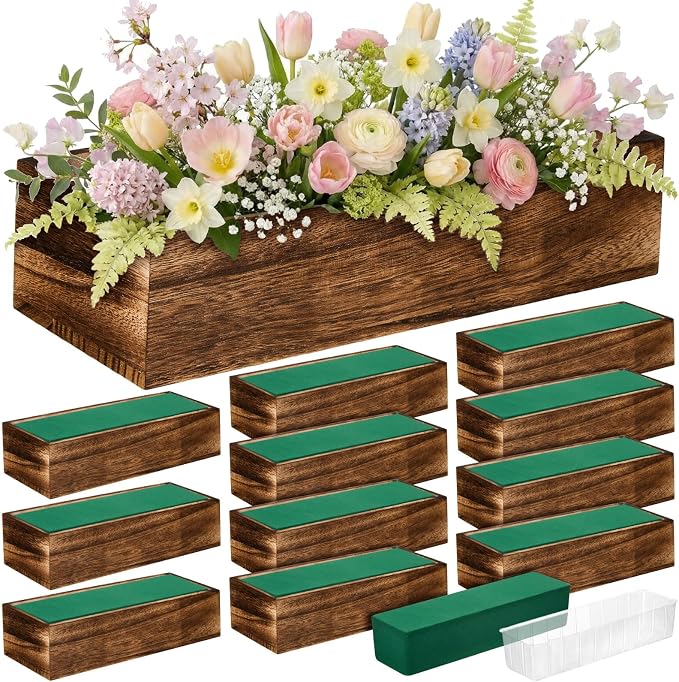 Dandat 12 Set Wood Boxes for Centerpieces 12x4 Inch Rectangle Wooden Planter Box Rustic Wood Planter with Removable Plastic Liner Floral Foam Blocks for Centerpieces Home Wedding Garden Decor