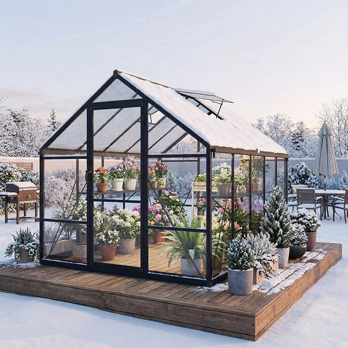 Garvee 8x10ft Walk-in Greenhouse, Heavy Duty Large Outdoor Green House | Polycarbonate Garden Greenhouse with Roof Vent, Lockable Outward-Opening Swing Door & Aluminium Frame for Backyard, Grey