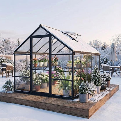 Garvee 8x10ft Walk-in Greenhouse, Heavy Duty Large Outdoor Green House | Polycarbonate Garden Greenhouse with Roof Vent, Lockable Outward-Opening Swing Door & Aluminium Frame for Backyard, Grey