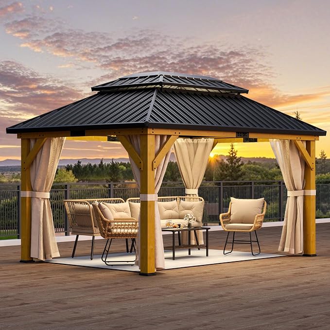 YITAHOME 13x15ft Wood Gazebo Outdoor Wooden Frame Double Roof Hardtop | Galvanized Steel Top Canopy w/Curtain and Netting, Patio Heavy Duty Gazebo for Deck, Backyard, Beige Yellow