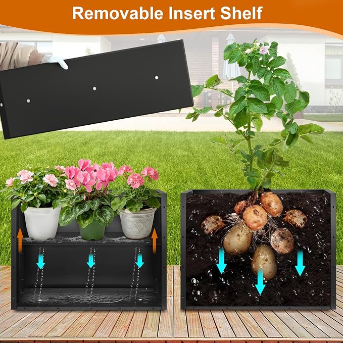 Tall Metal Planter 38" L x 12" W x 30" H, Heavy-Duty Large Rectangular Planter with Drainage Holes & Removable Shelf, Long Steel Plant Box for Outdoor Porch, Garden, Patio, Yard