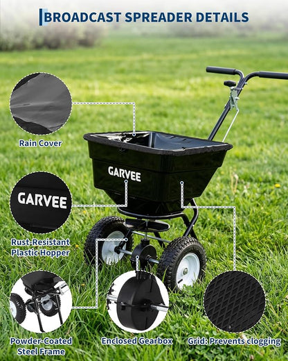 100LBS Push Broadcast Spreader, 12FT Spreading Width, 13in All-Terrain Wheels, Adjustable Flow Control, Heavy Duty Walk Behind Lawn Spreader for Fertilizer, Grass Seed, Ice Melt, Salt