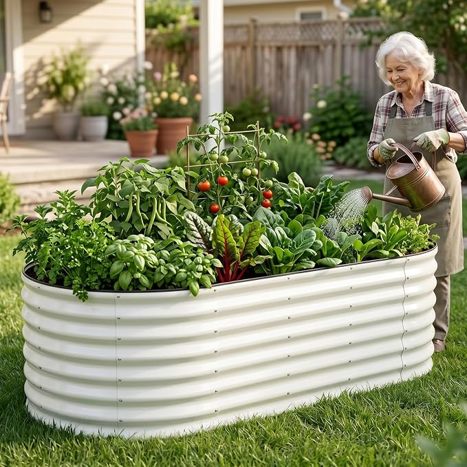 24" Tall Galvanized Raised Garden Bed Outdoor, 6x3x2ft Deep Metal Planter Box with Safety Edging & Support Bars, Large Oval Raised Beds for Gardening Plants Vegetables Herbs Flowers (White)