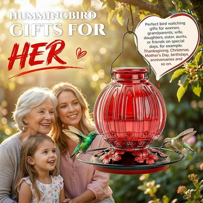 2 Pack Glass Hummingbird Feeder for Outdoors Hanging, Bird Nectar Feeder with Perch & 5 Flower Feeding Ports, 26 Oz Leak Proof for Outside Garden Decor Backyard, Gifts for Women Mom, Red + Purple Red