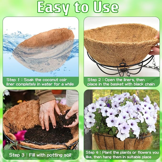 ZeeDix 3 Pack 10 Inch Metal Hanging Baskets, Round Wire Hanging Planters with Coconut Liners Replacement for Plants Flowers Outdoor Outside Deck Porch Garden Balcony Decoration